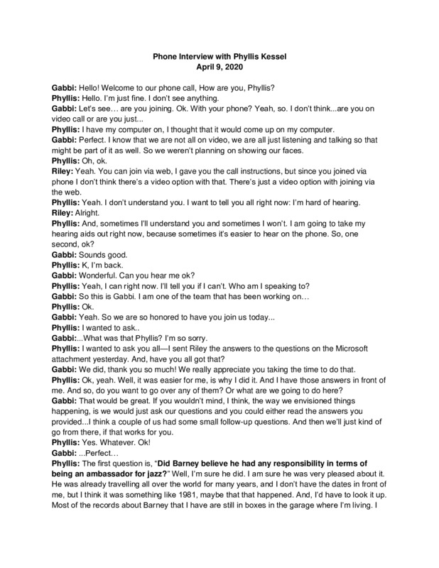 Phyllis Kessel Interview Trascript; April 9, 2020