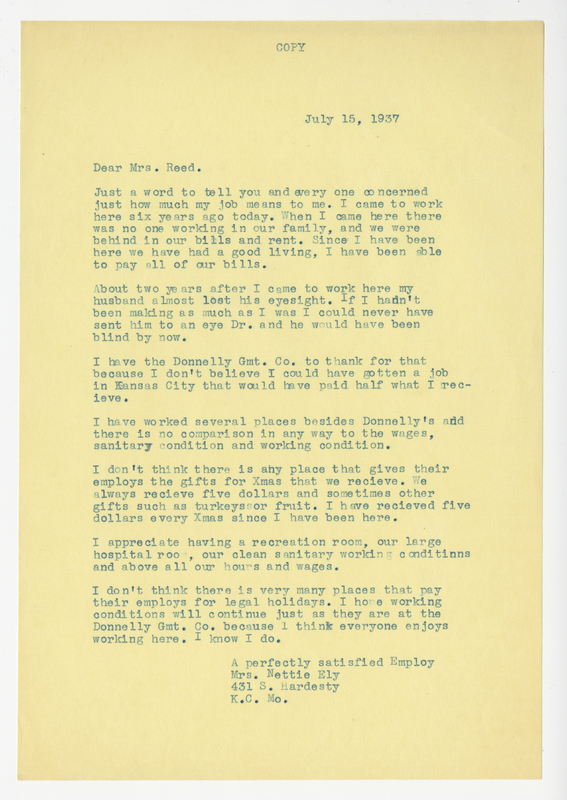 Nettie Ely, Letter