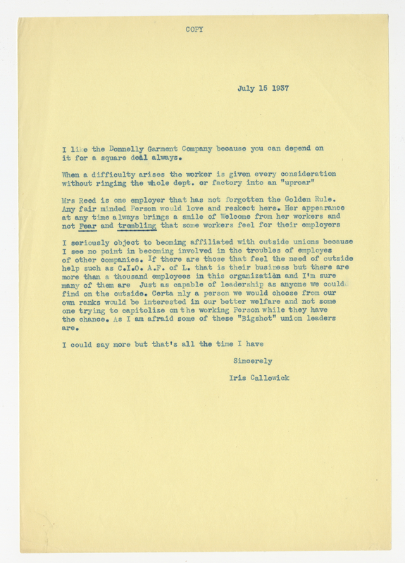 Iris Callowick, Letter