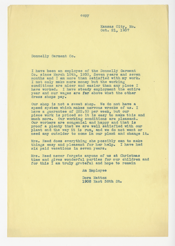 Dora Mattox, Letter