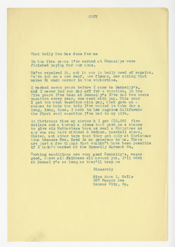 Anna L. Molle, Letter